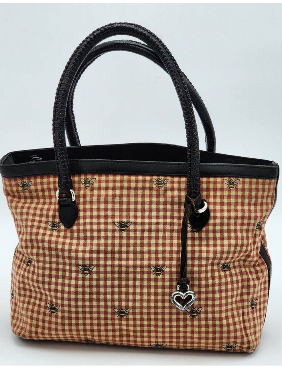 Brighton Vintage Picnic Bees Satchel Purse Bag Canvas Black Leather Handles